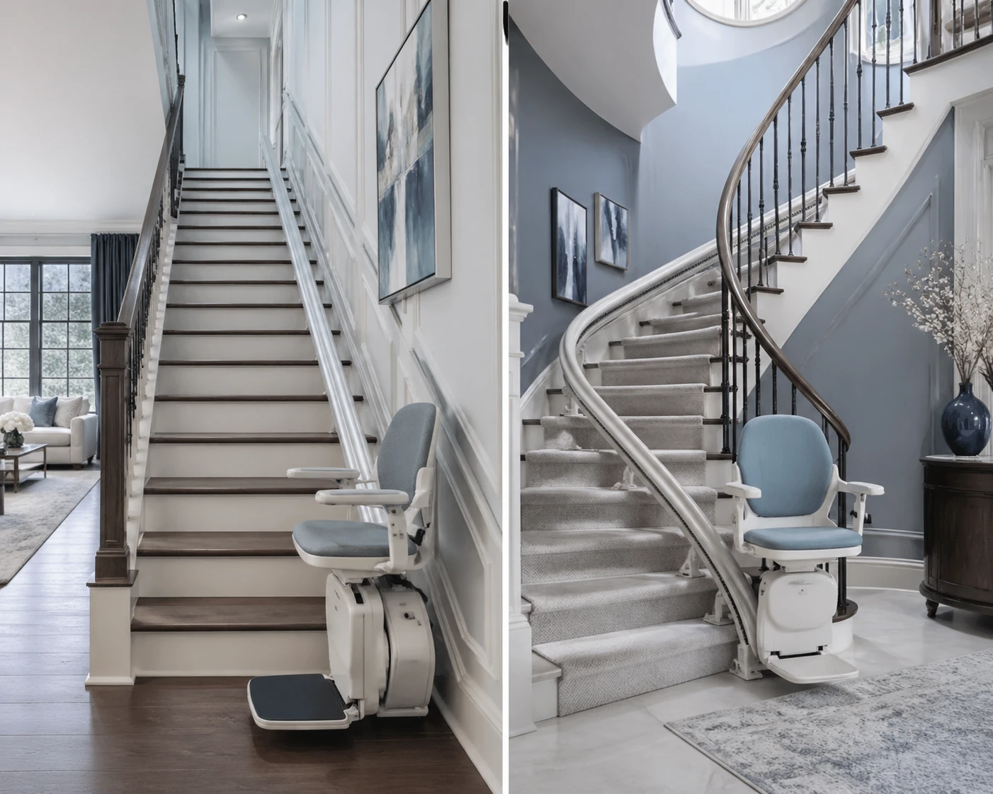how stair lift installation works showing rail and chair setup on staircase in a residential home